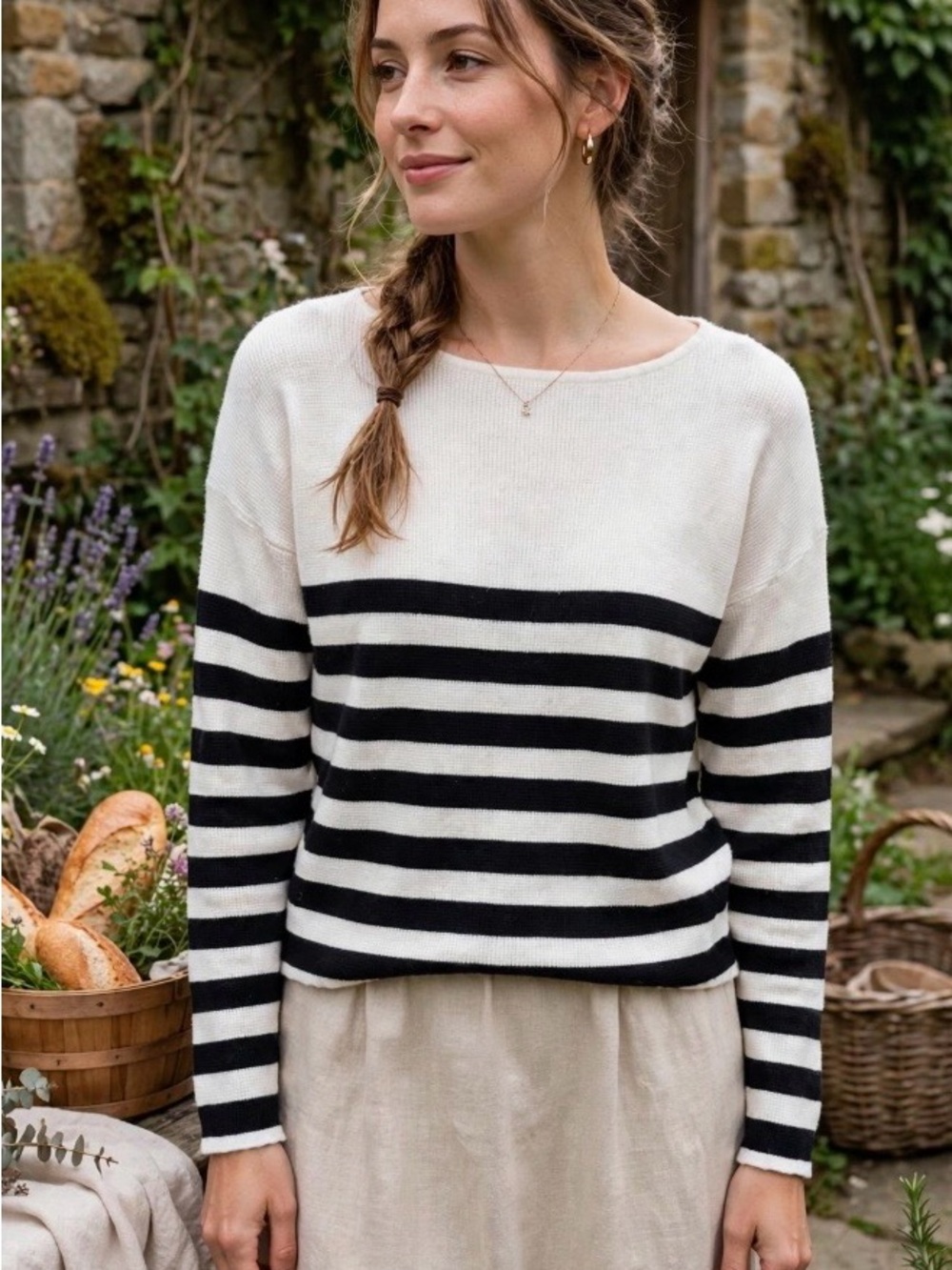 CYRUS White & Black Striped Boat Neck Waffle
Knit Sweater Size S